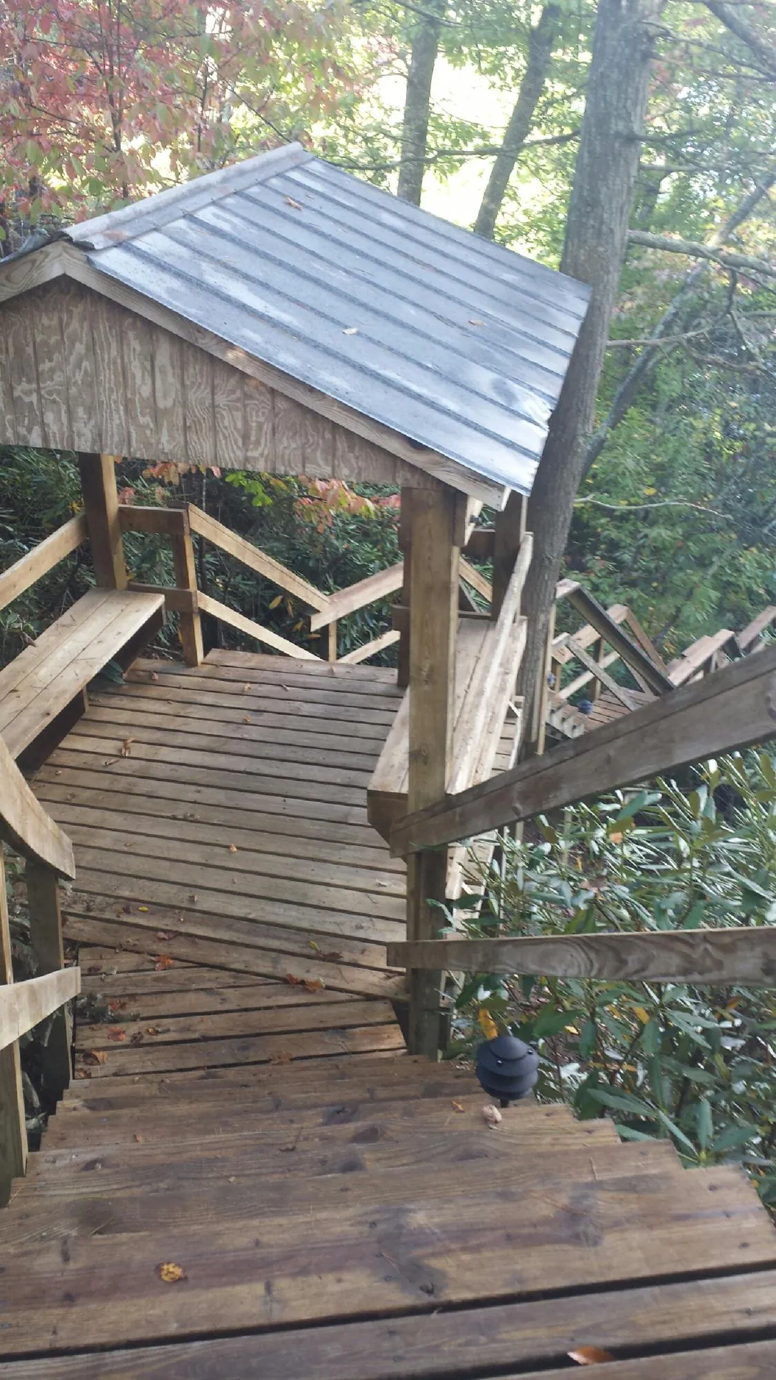 Metal roofed shelter over wooden steps on a wooded walkway — Skylight Repair & Installation work by our crew in Varysburg